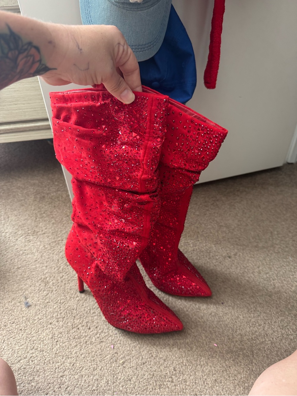 Jessica Simpson Red Crystal-Embellished Slouchy Knee Boots